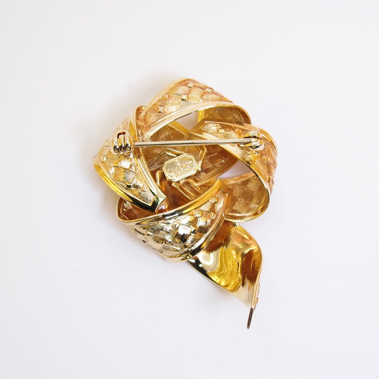Christian Dior Vintage Basketweave Ribbon Golden Brooch