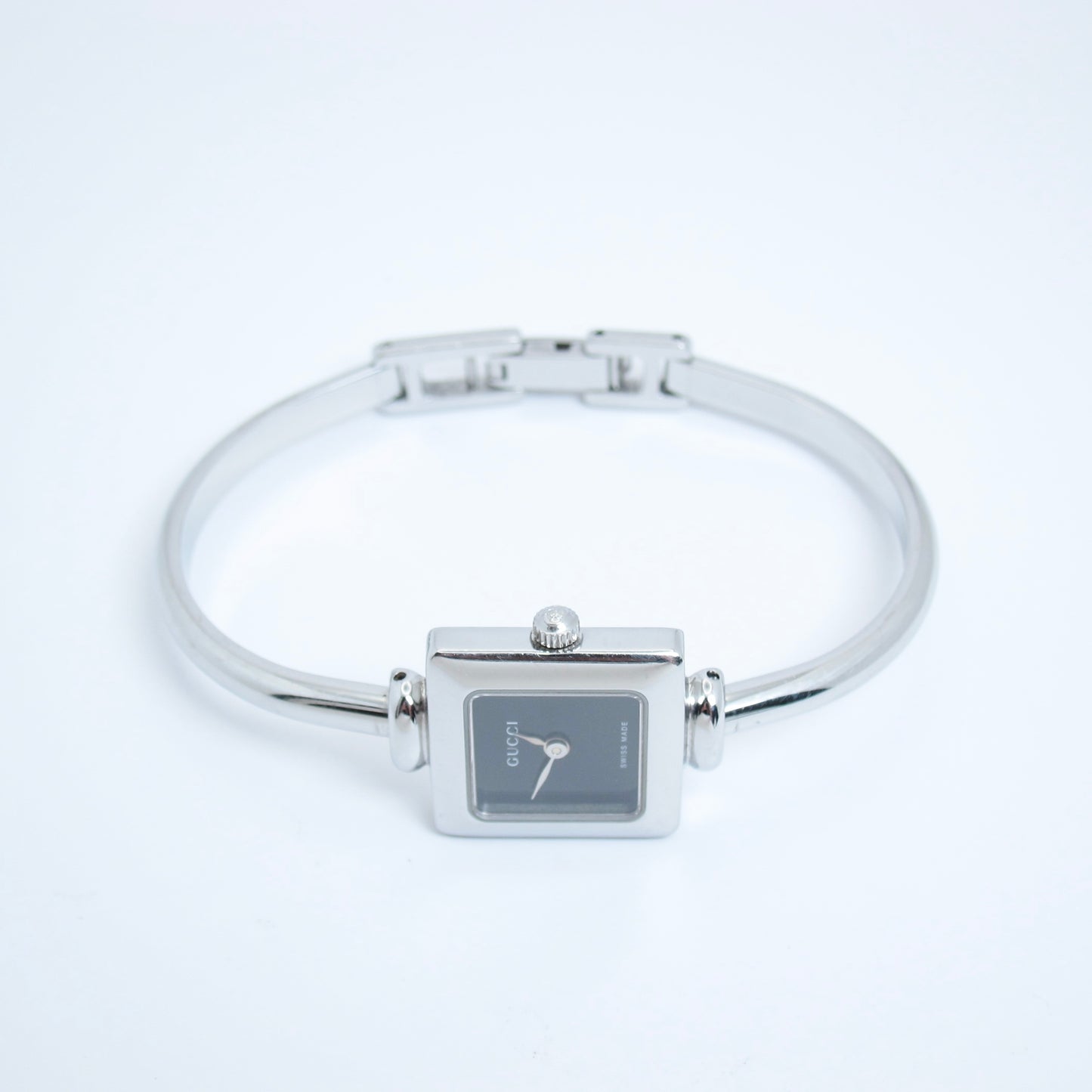 Gucci Vintage Square Black Face Silver Bangle Watch