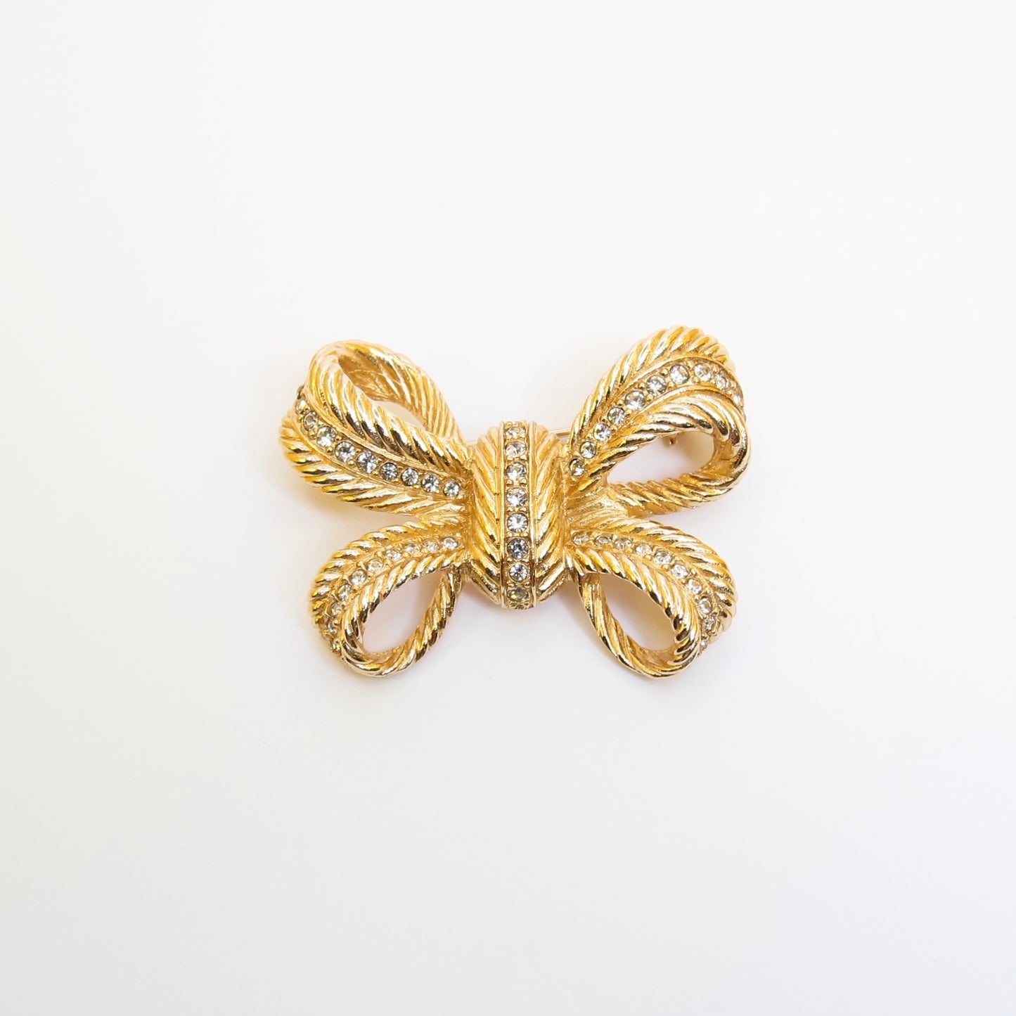Christian Dior Vintage Ribbon Motif with Rhinestone Golden Brooch