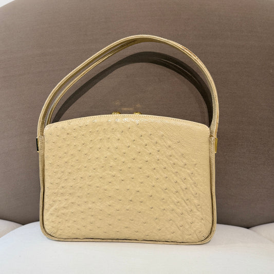 Bally Vintage Golden Buckle Beige Ostrich Leather Handbag