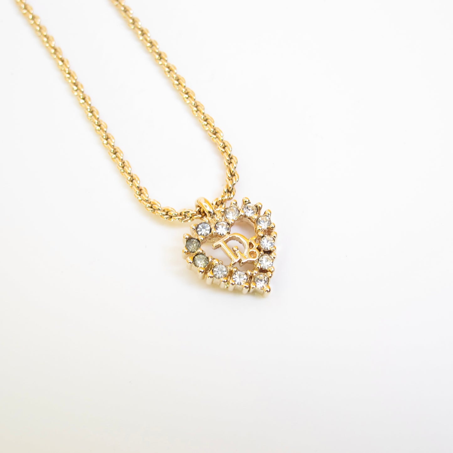Christian Dior Vintage Dior Logo in Heart with Rhinestone Golden Necklace