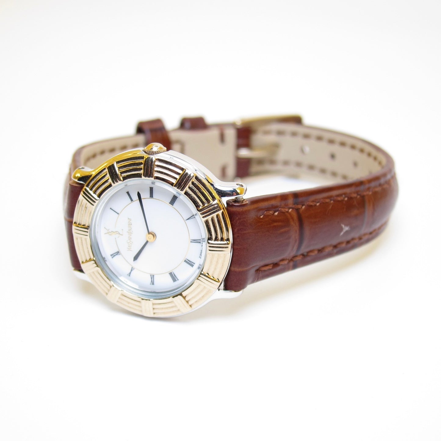 Yves Saint Laurent Vintage Round White Face with Brown Leather Strap Two Tone Watch
