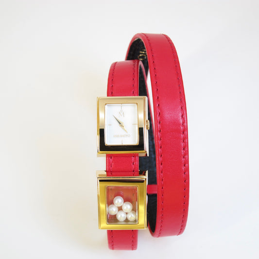 Mikimoto Vintage Pearl Face with Pearl Box Watch with Red Color Leather Strap