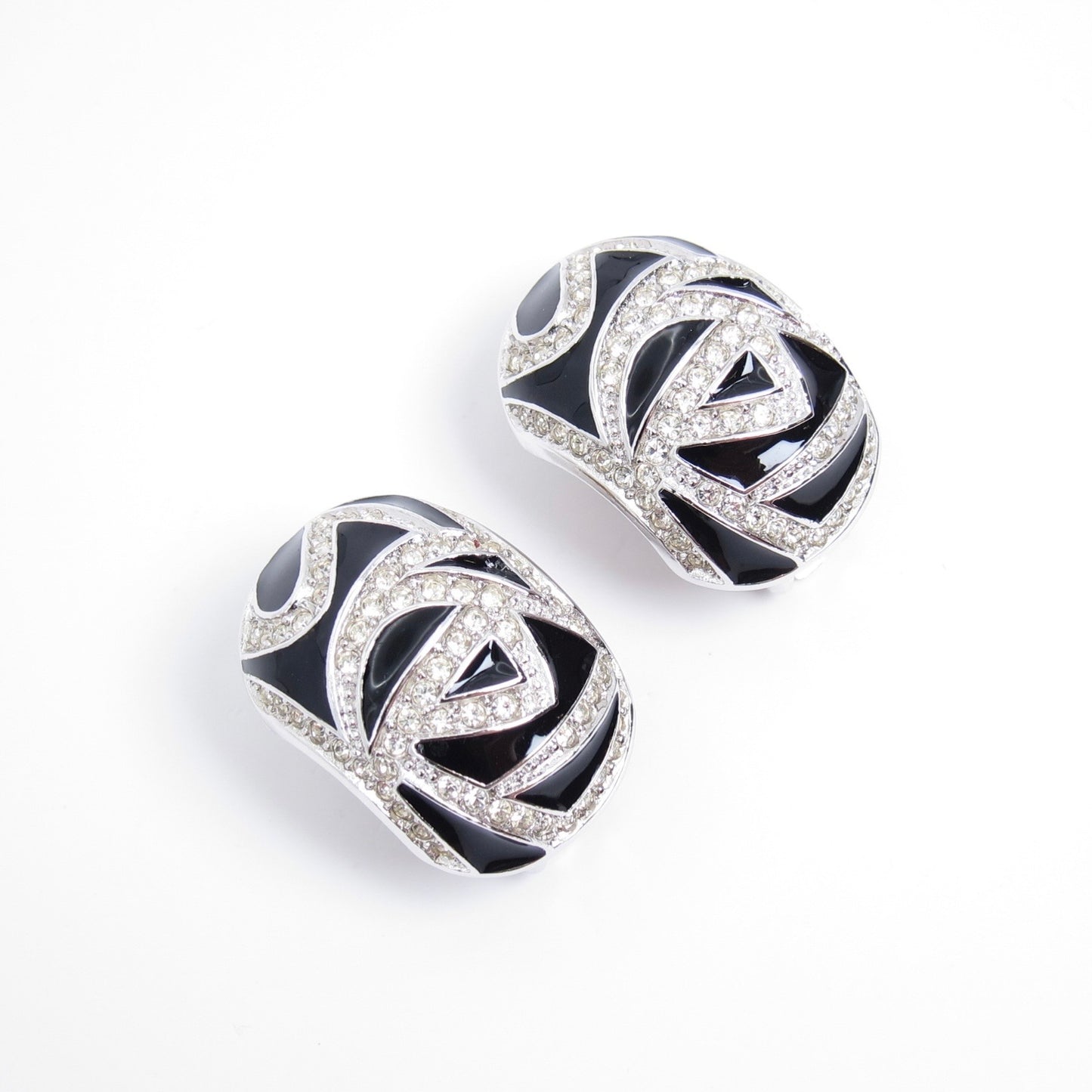 Christian Dior Vintage Black and Rhinestone Silver Clip-on Earrings