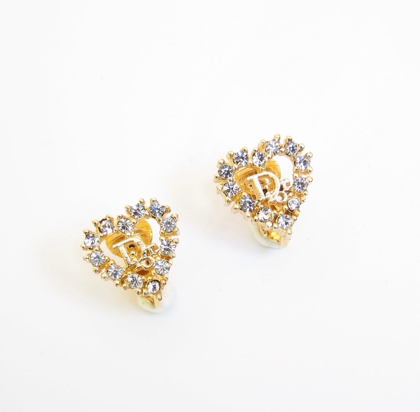 Christian Dior Vintage Dior Logo in Heart with Rhinestone Golden Clip-on Earrings