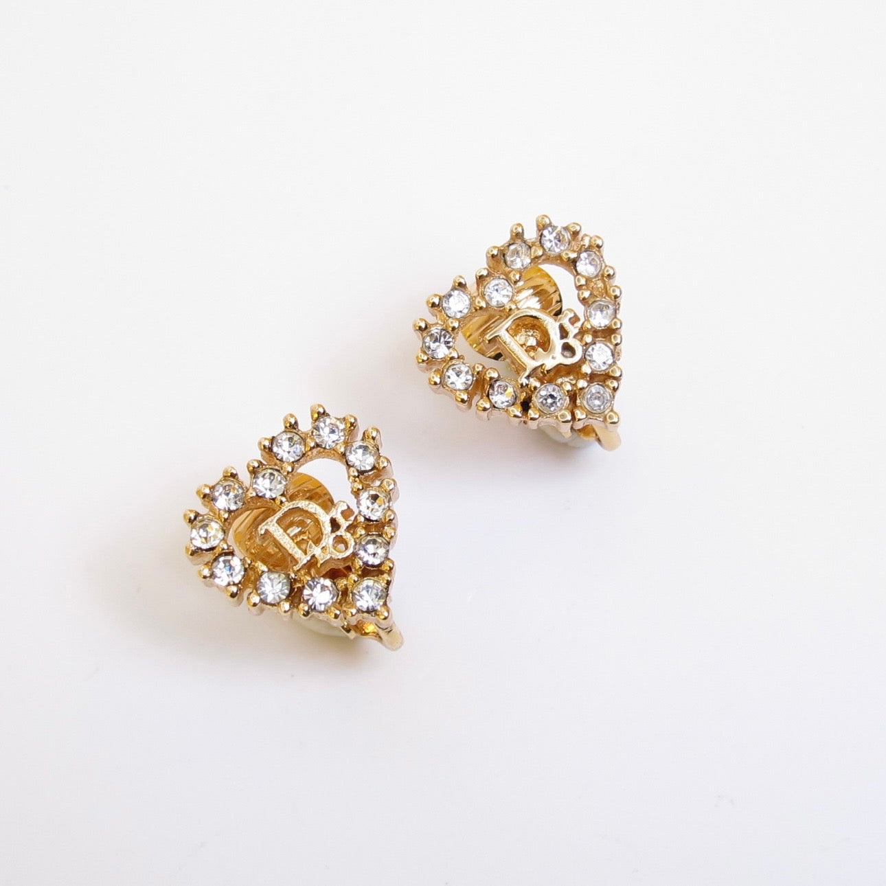 Christian Dior Vintage Dior Logo in Heart with Rhinestone Golden Clip-on Earrings
