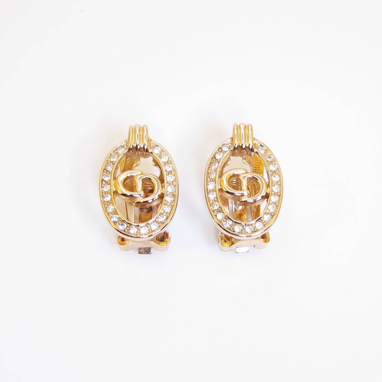 Christian Dior Vintage CD Logo in Oval Shaped with Rhinestone Golden Clip-on Earrings