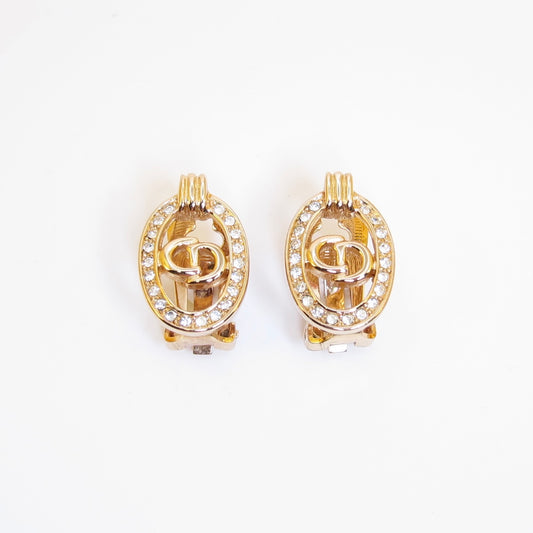 Christian Dior Vintage CD Logo in Oval Shaped with Rhinestone Golden Clip-on Earrings