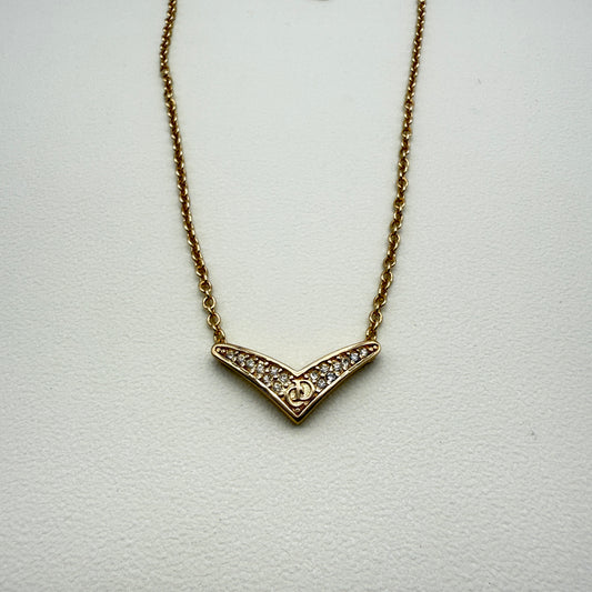Christian Dior Vintage CD Logo in V Shape with Rhinestone Golden Necklace