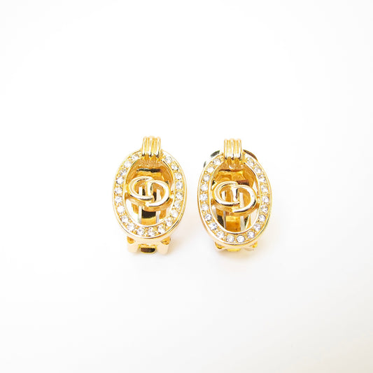 Christian Dior Vintage CD Logo in Oval Shape with Rhinestone Golden Clip-on Earrings