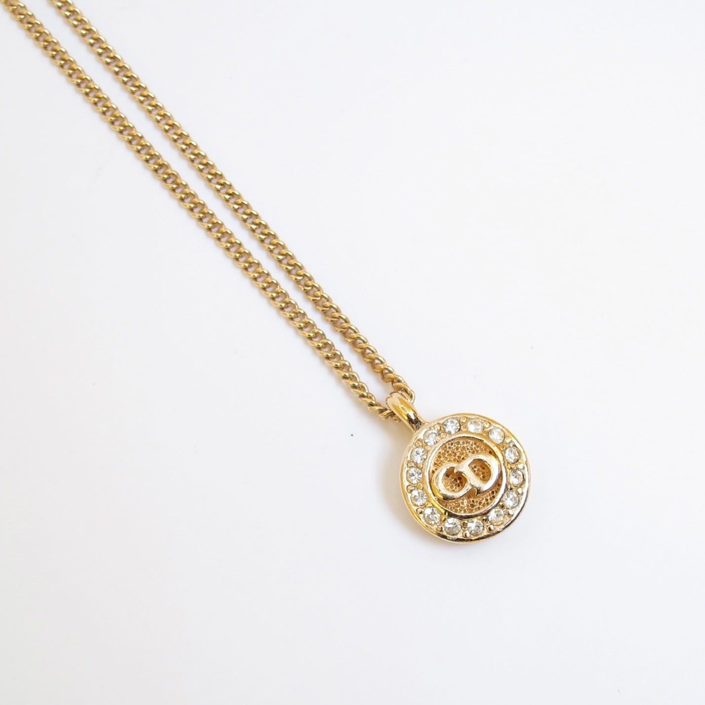 Christian Dior Vintage CD Logo in Circle with Rhinestone Golden Necklace