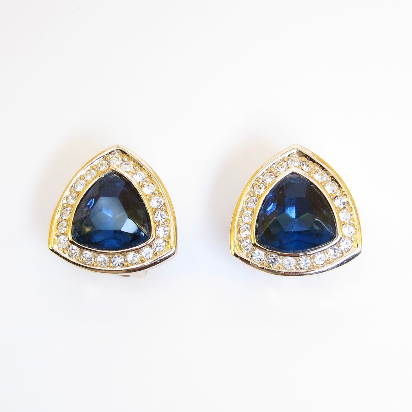 Christian Dior Vintage Triangle Blue and Rhinestone Golden Clip-on Earrings