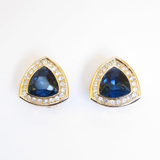 Christian Dior Vintage Triangle Blue and Rhinestone Golden Clip-on Earrings