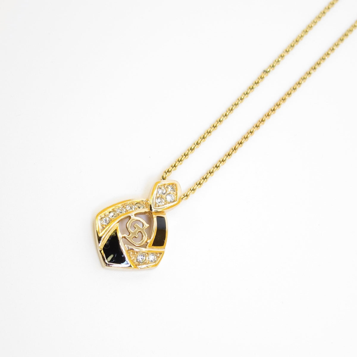 Christian Dior Vintage Black Enamel Diamond CD Logo Gold-Tone Necklace