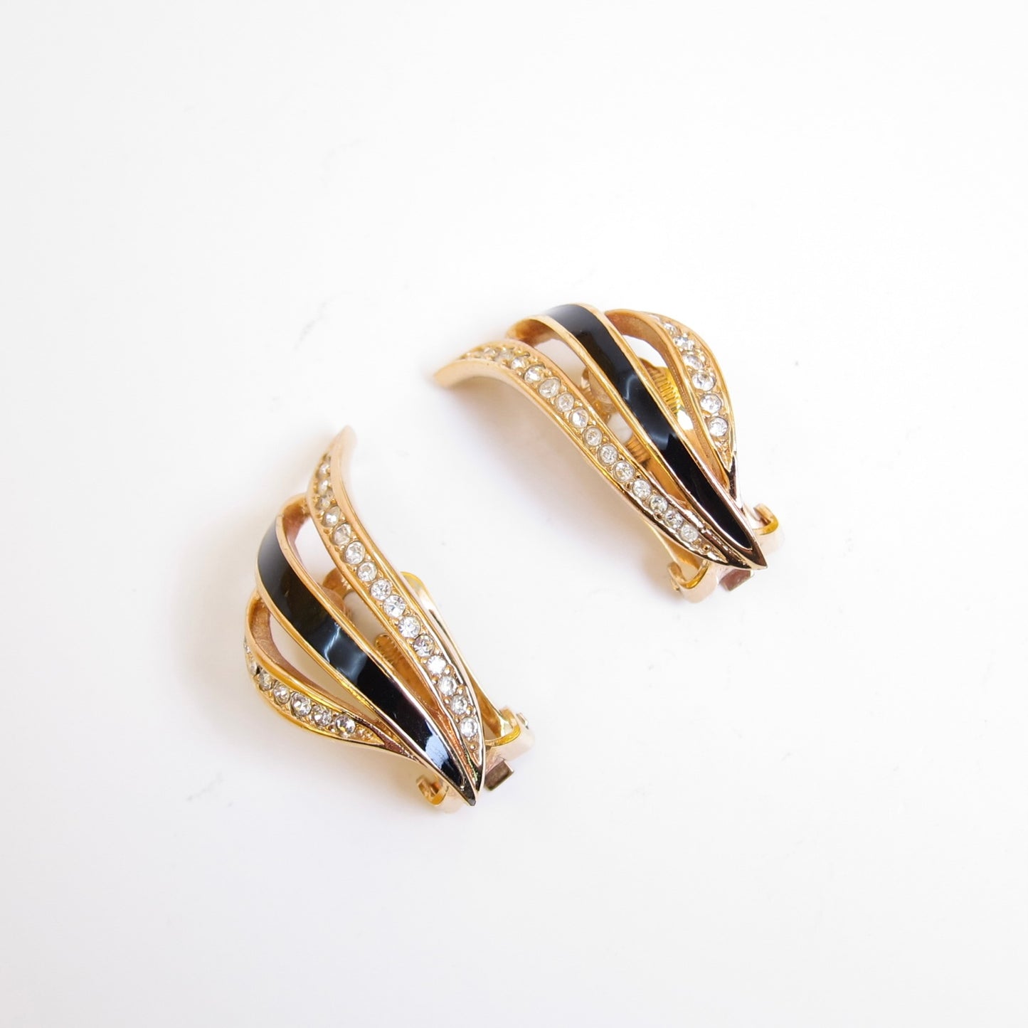 Christian Dior Vintage Stylish Black and Rhinestone Golden Clip-on Earrings