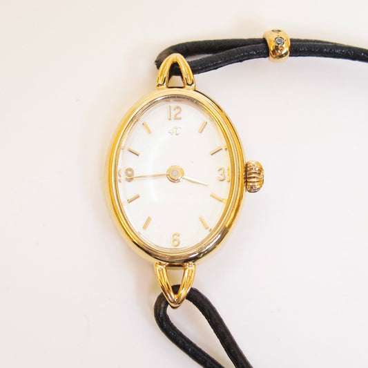 4°C Vintage Oval White Dial Black Leather Cord Bracelet Watch