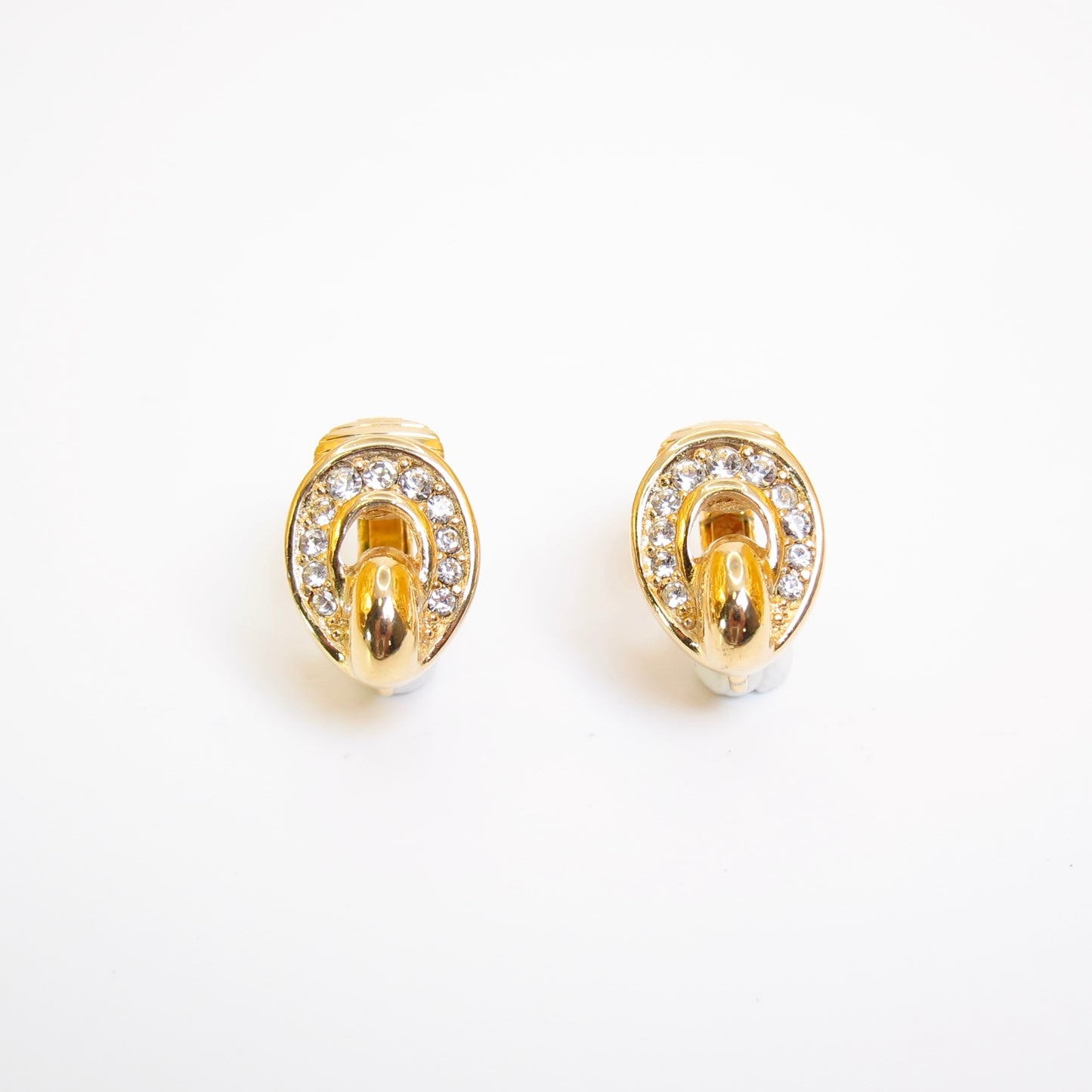 Christian Dior Vintage Oval Shape and Rhinestone Golden Clip-on Earrings