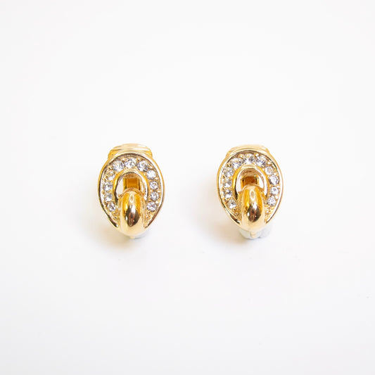 Christian Dior Vintage Oval Shape and Rhinestone Golden Clip-on Earrings