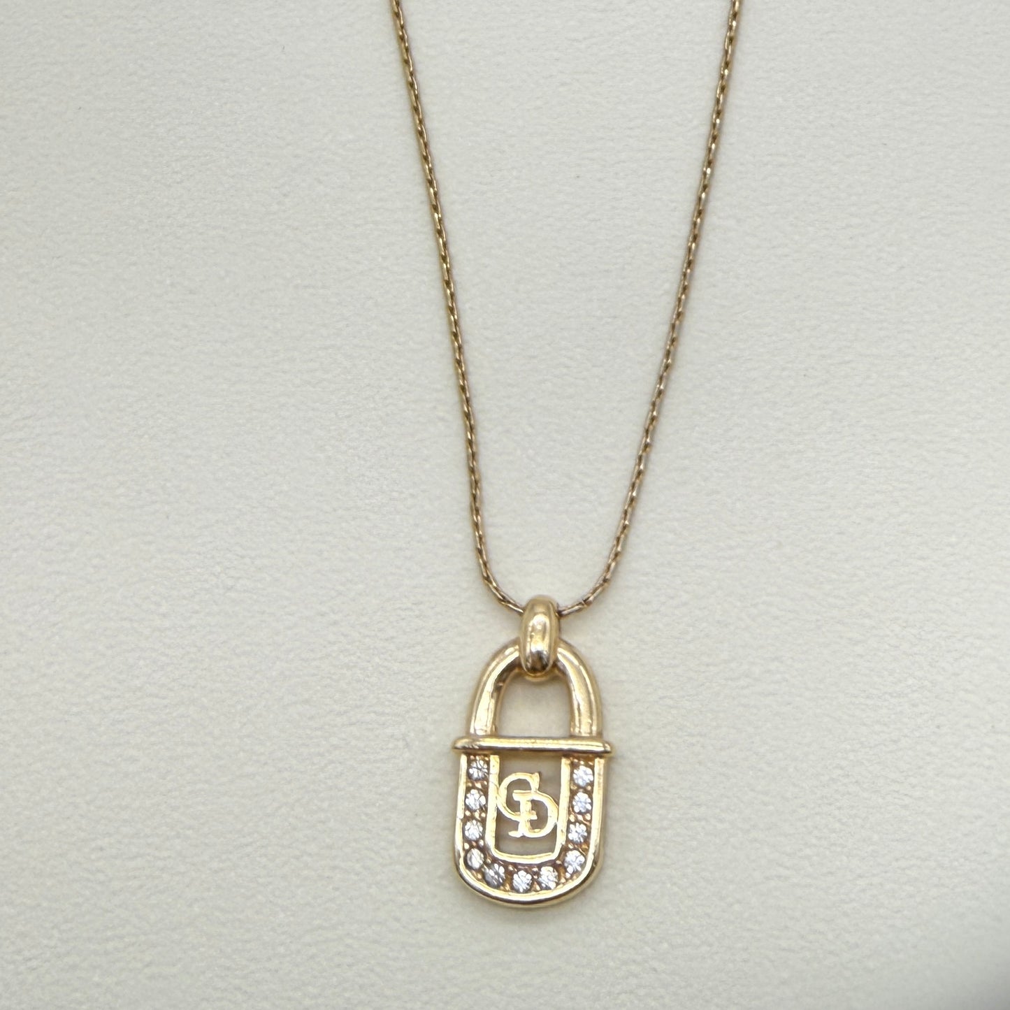 Christian Dior Vintage CD Logo in Lock with Rhinestone Golden Necklace