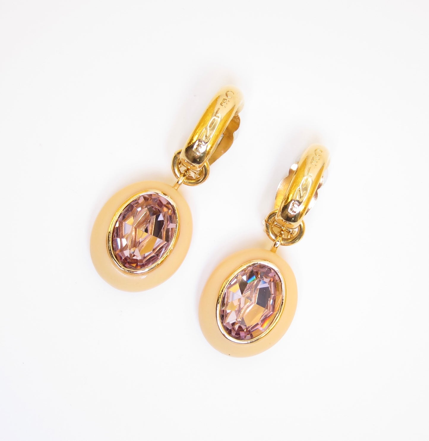 Celine Vintage Celine Logo and Pink Color Stone Golden Dangle Clip-on Earrings