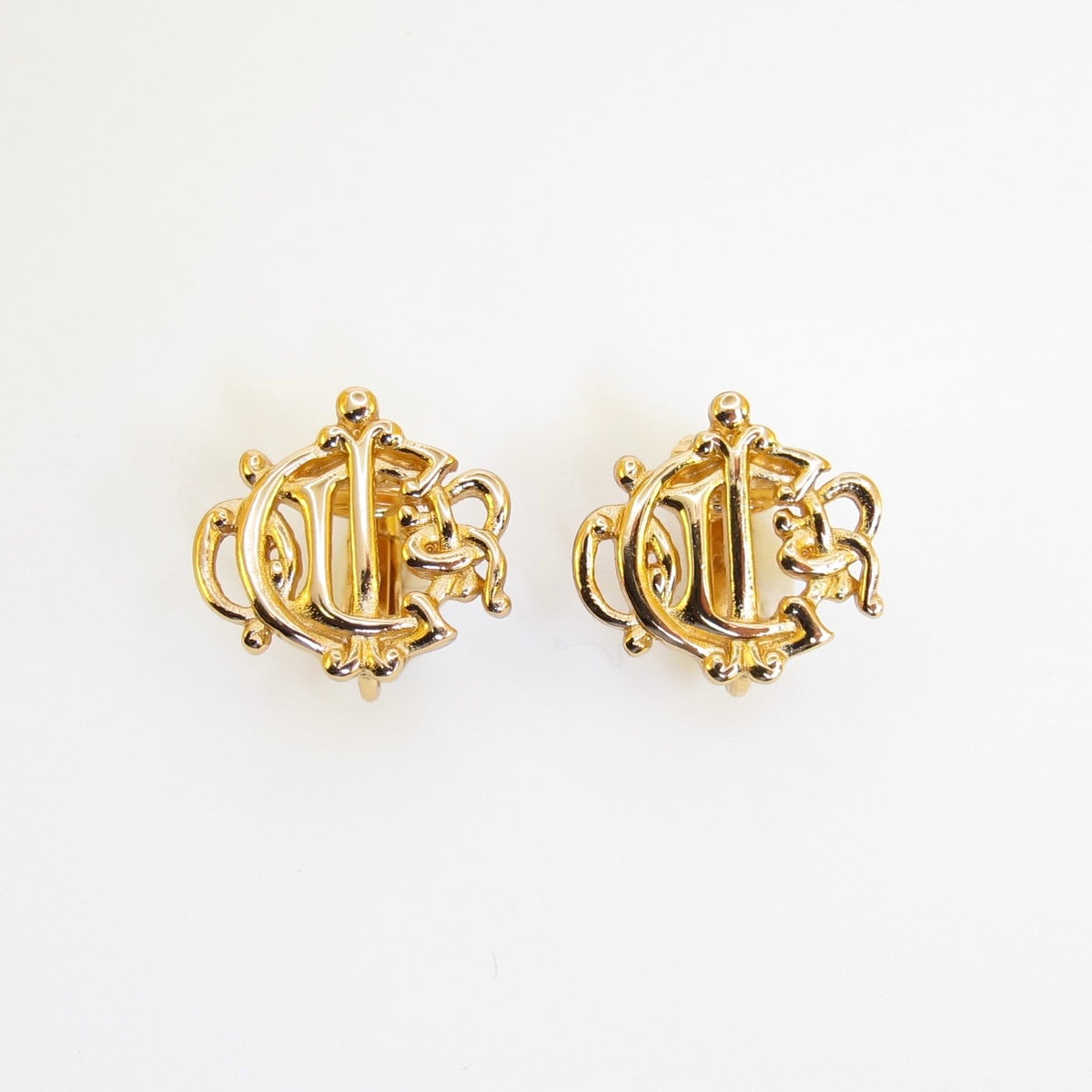 Christian Dior Vintage Ornate CD Monogram Gold-Tone Clip-On Earrings