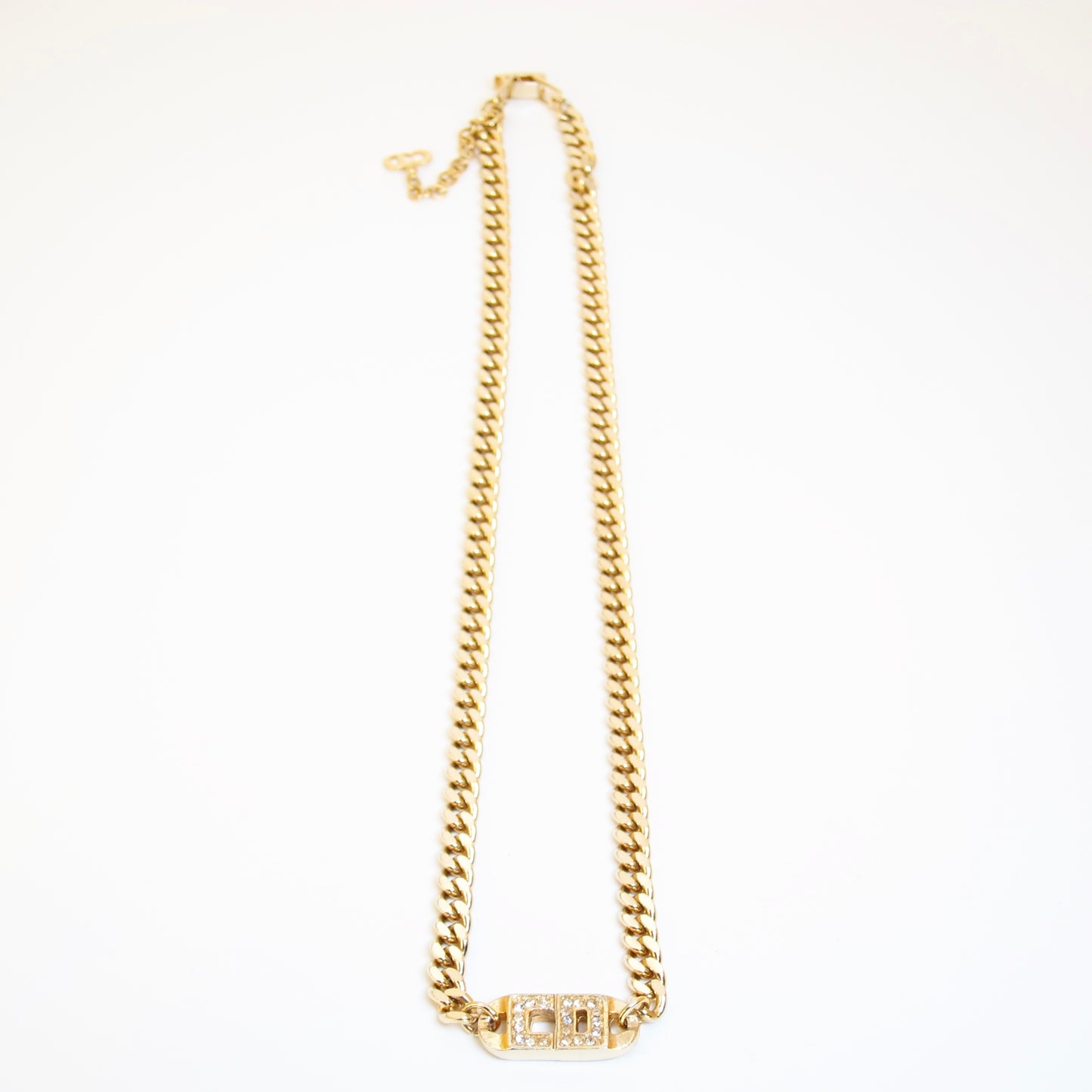 Christian Dior Vintage CD Logo with Rhinestone Golden Chain Necklace