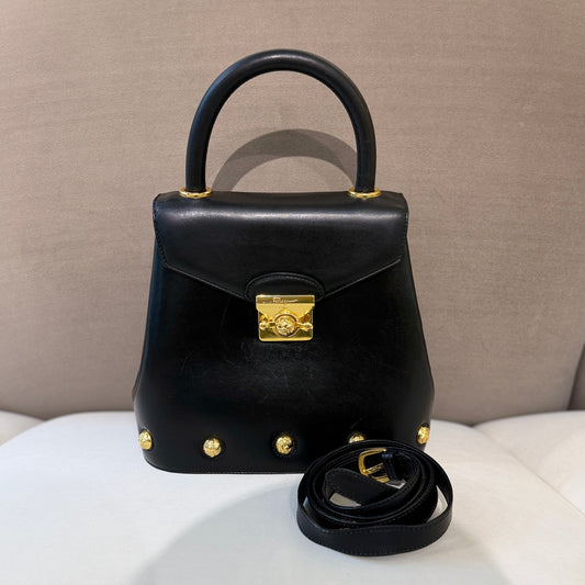 Ferragamo Golden Buckle Black Leather Top Handle Handbag