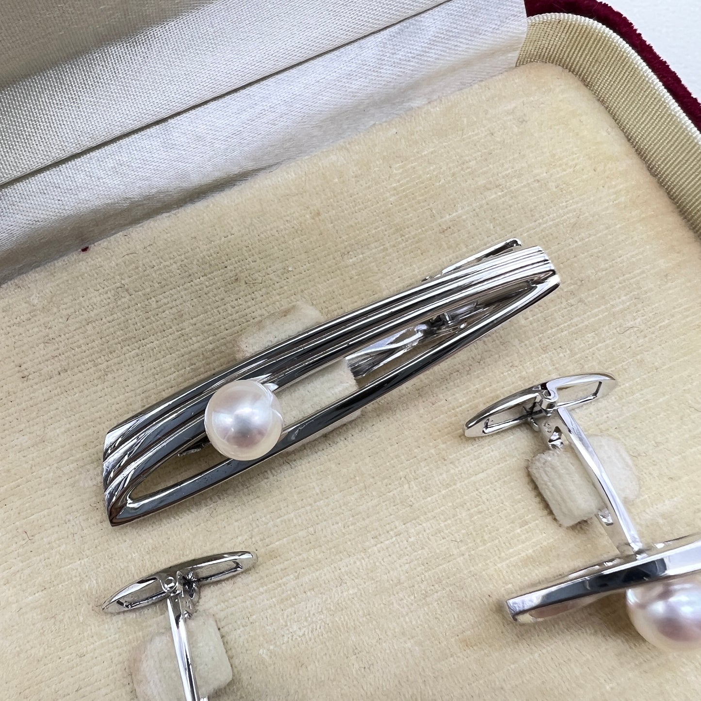 Mikimoto Vintage Akoya Pearl Silver Cufflinks and Tie Clip Set