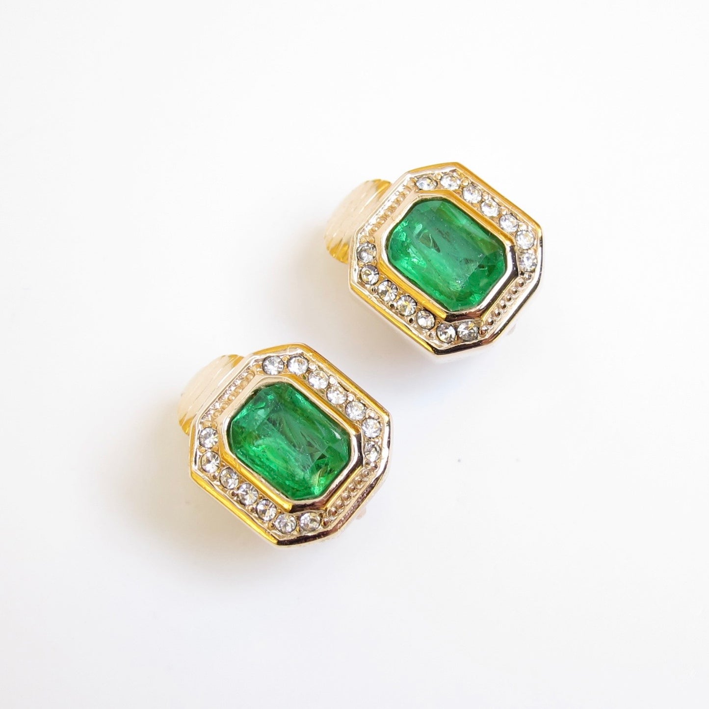 Christian Dior Vintage Octagon Green and Rhinestone Golden Clip-on Earrings