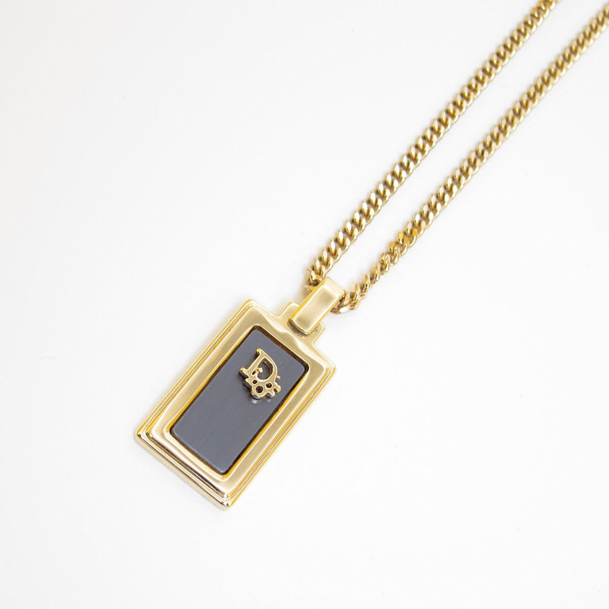 Christian Dior Vintage Black Enamel Oblong CD Logo Gold-Tone Necklace
