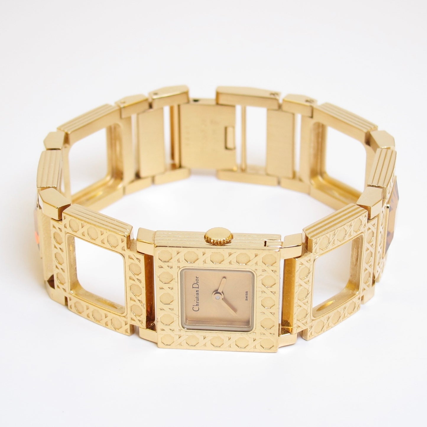Christian Dior Vintage La Parisienne D60-159 Gold Cannage Bracelet with Removable Yellow Stone Watch