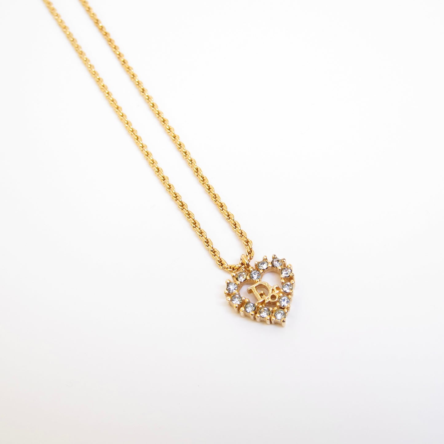 Christian Dior Vintage Dior Logo in Heart with Rhinestone Golden Necklace