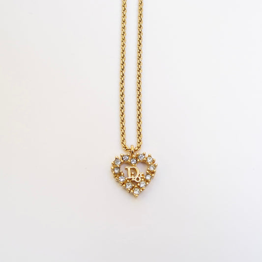 Christian Dior Vintage Dior Logo in Heart with Rhinestone Golden Necklace