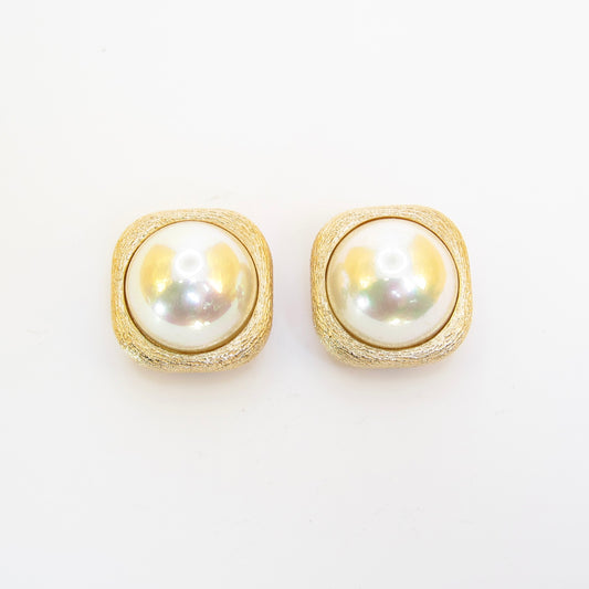 Christian Dior Vintage Pearl on Square Golden Clip-on Earrings