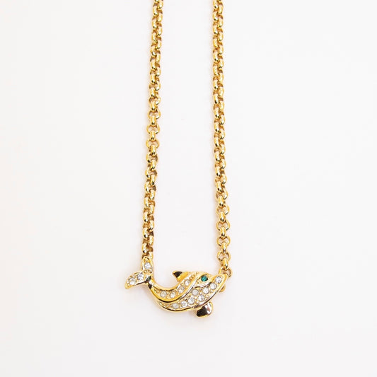 Christian Dior Vintage Dolphin with Rhinestone Golden Necklace