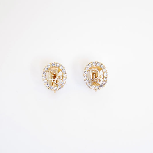 Christian Dior Vintage Dior Logo in Oval Shape with Rhinestone Golden Clip-on Earrings