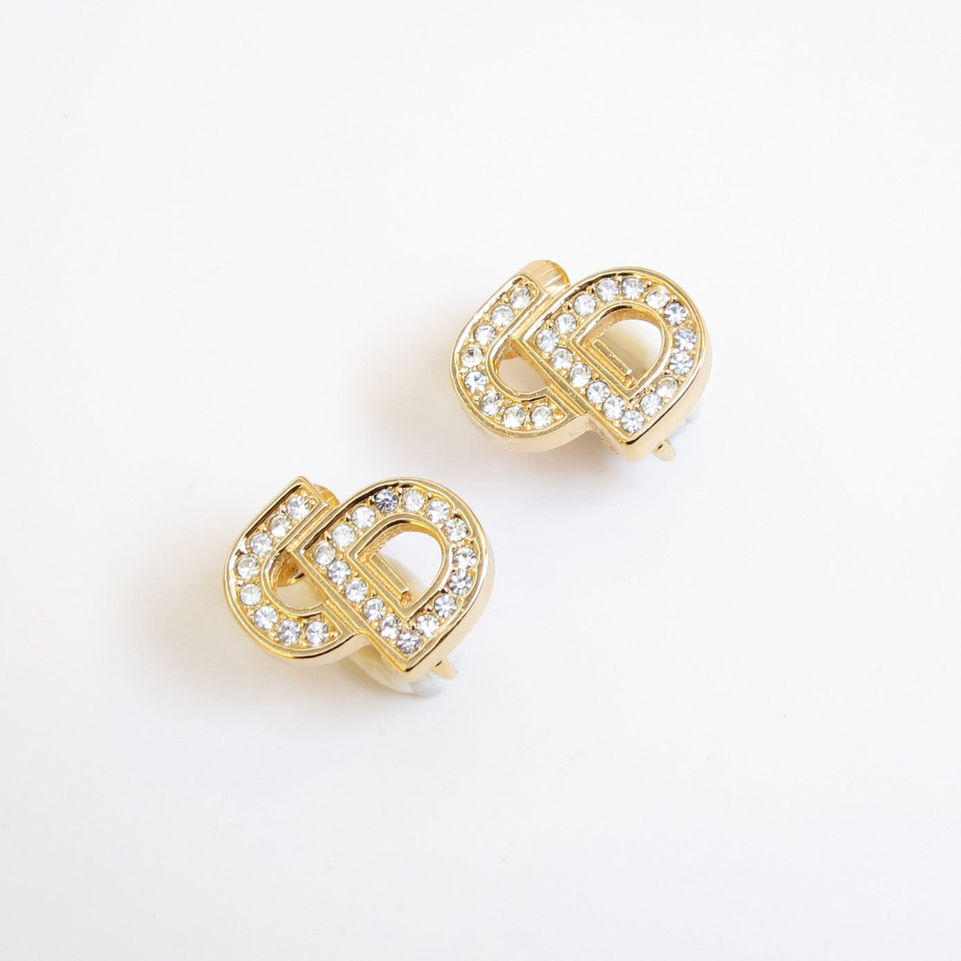 Christian Dior Vintage CD Logo with Rhinestone Golden Clip-on Earrings