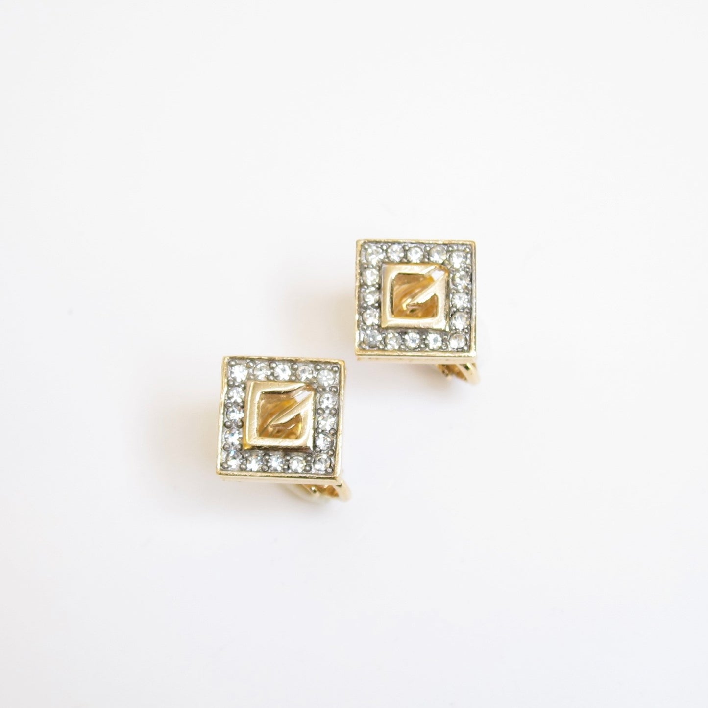 Givenchy Vintage G Logo and Rhinestone Golden Clip-on Earrings
