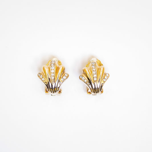 Christian Dior Vintage Shell Motif with Rhinestone Golden Clip-on Earrings