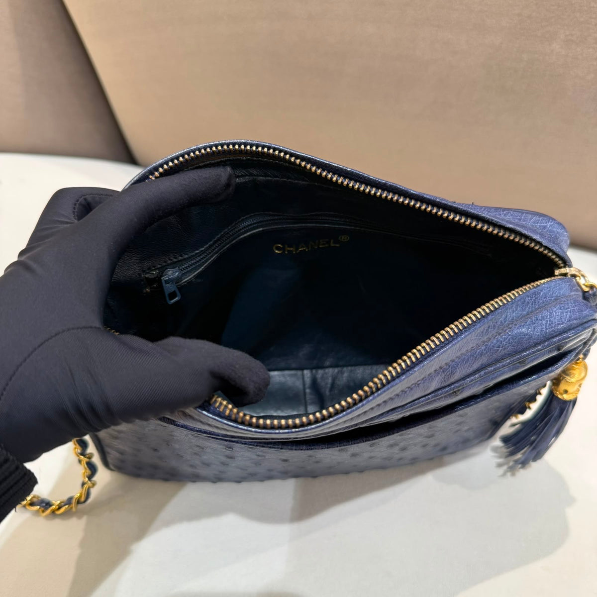 Chanel Vintage Navy Ostrich Fringe Chain Shoulder Bag