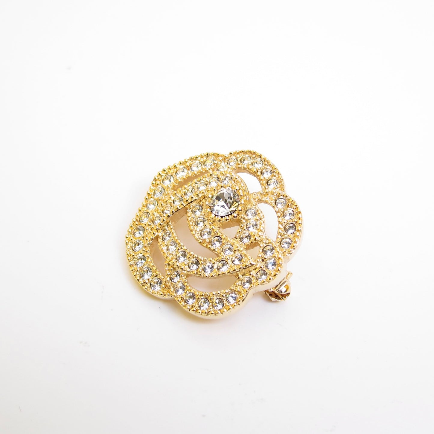 Christian Dior Vintage Flower Motif with Rhinestone Golden Brooch