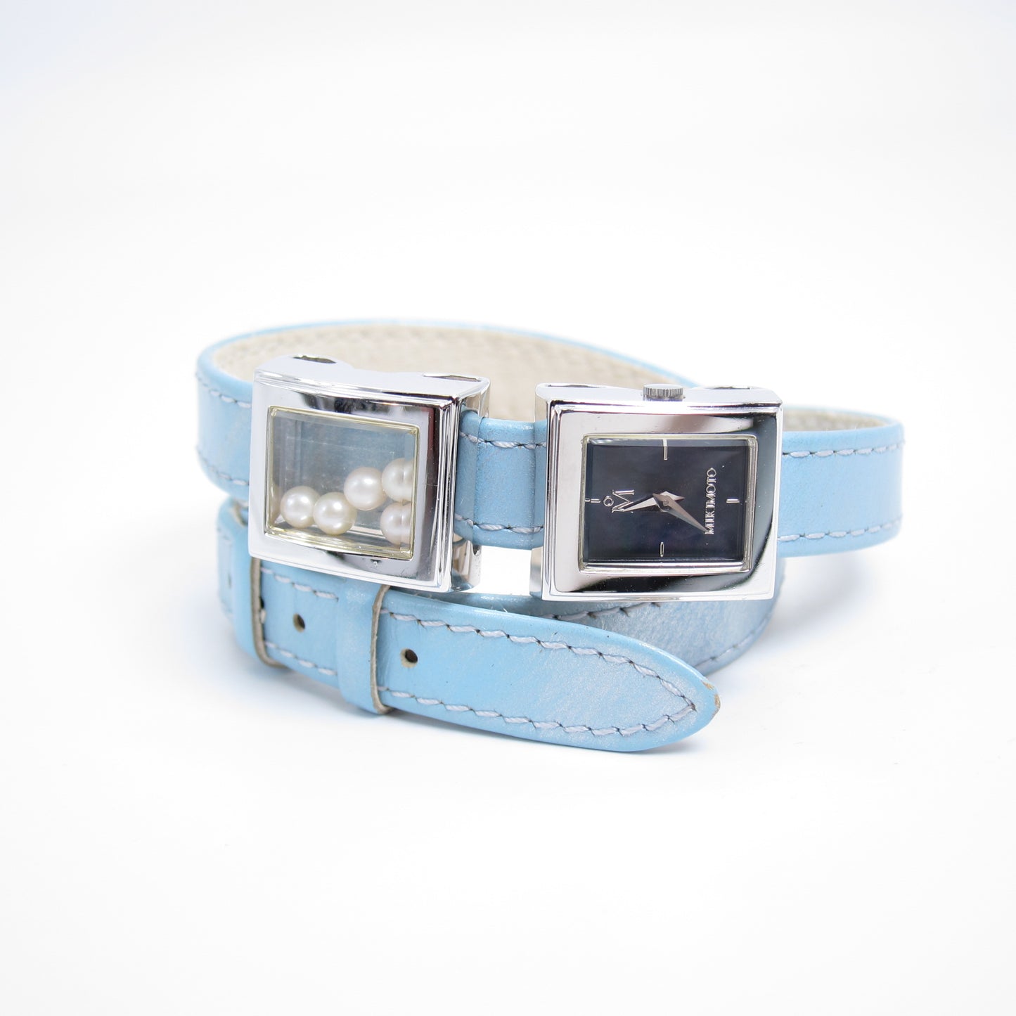 Mikimoto Vintage Black Face and Pearl Box Watch with Blue Leather Strap