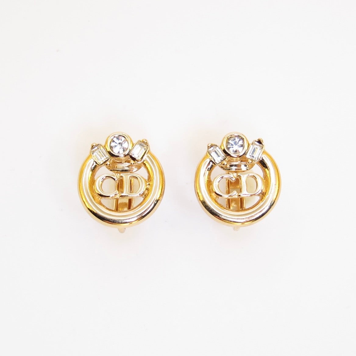Christian Dior Vintage CD Logo in Circle with Rhinestone Golden Clip-on Earrings