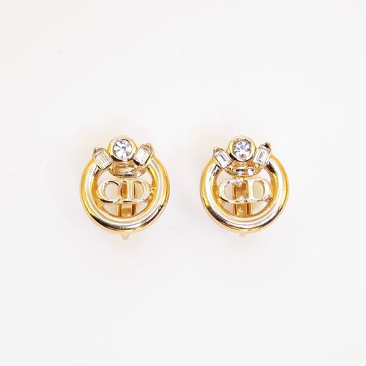 Christian Dior Vintage CD Logo in Circle with Rhinestone Golden Clip-on Earrings