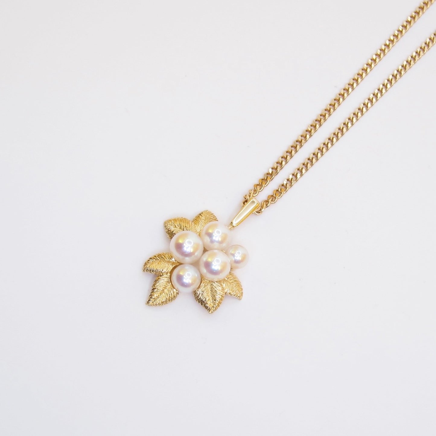 Mikimoto Vintage 18K Gold Textured Leaf & Akoya 5-Pearl Necklace