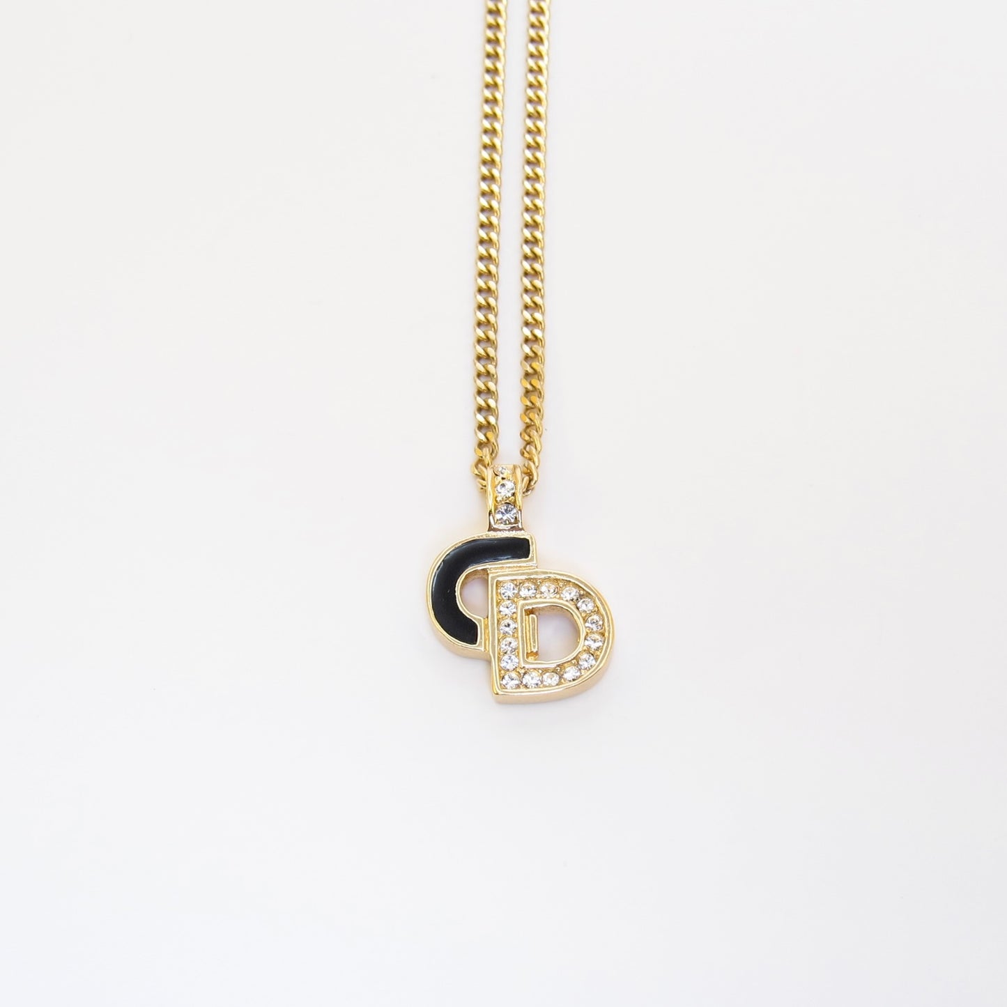Christian Dior Vintage CD Logo Black and Rhinestone Golden Necklace