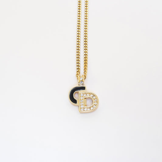 Christian Dior Vintage CD Logo Black and Rhinestone Golden Necklace
