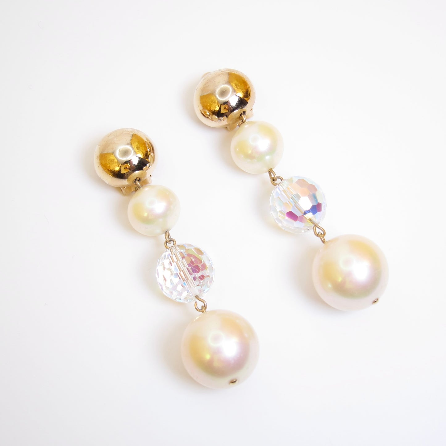 Christian Dior Vintage Pearl and Bead Dangling Golden Clip-on Earrings