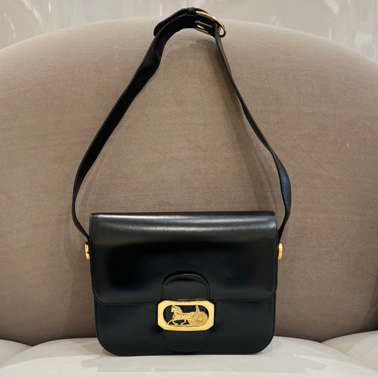 Celine Vintage Golden Carriage Buckle Black Leather Shoulder Bag