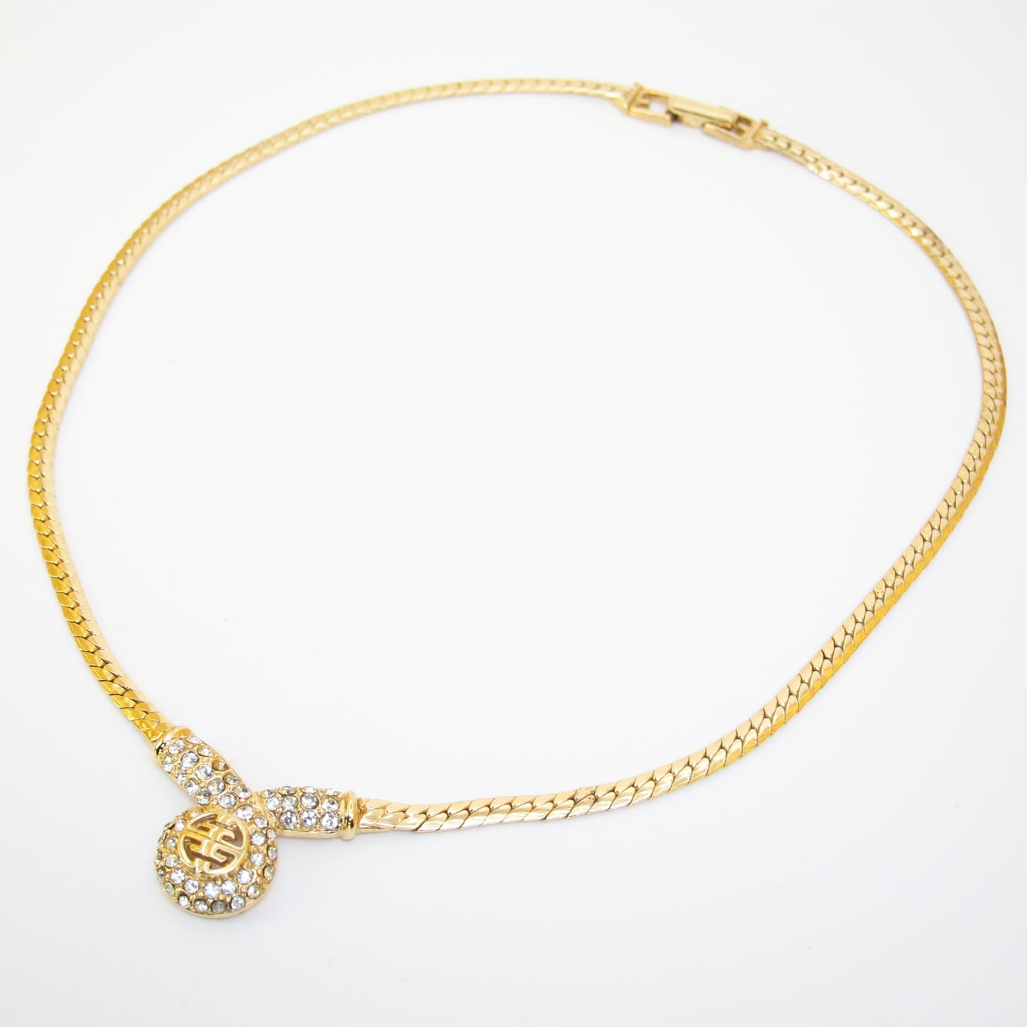 Givenchy Vintage 4G Logo and Rhinestone Pendant Golden Necklace